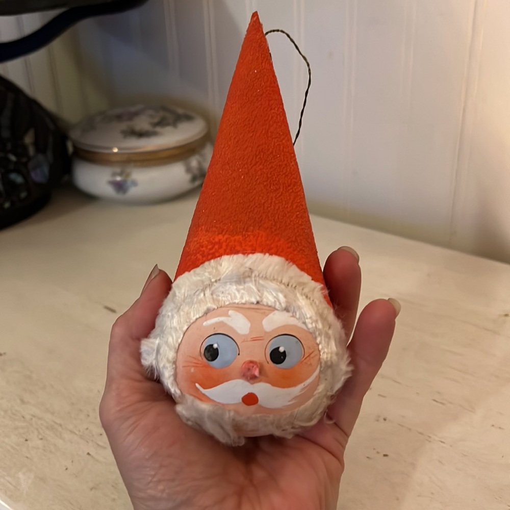 Antique paper mache & mica Germany Christmas Santa ornament 7” chenille